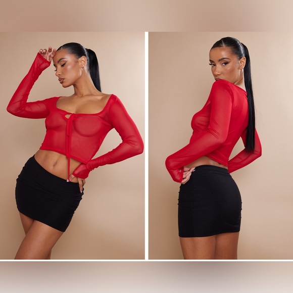 Red mesh tie front long sleeve. NEVER WORN - Picture 1 of 2